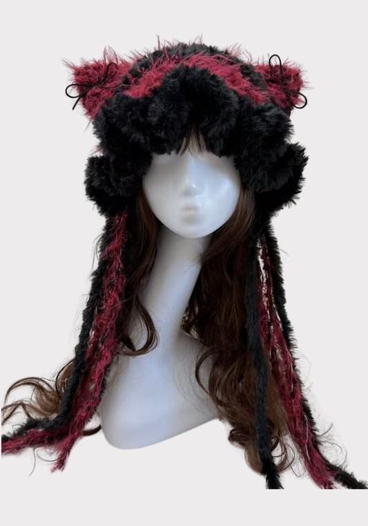 Black Dark Red Bunny Ears Hat