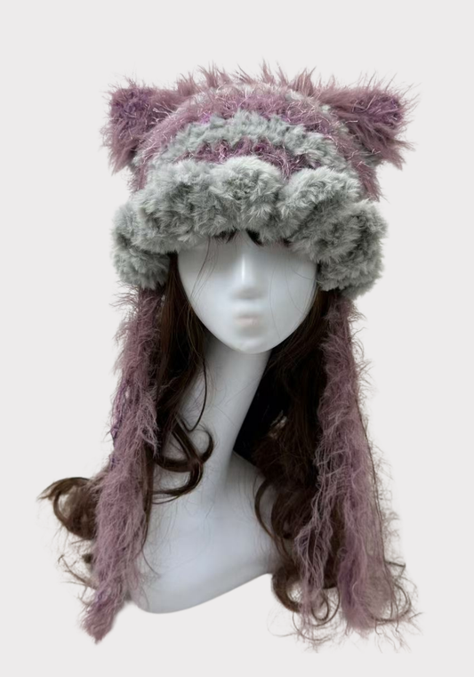 Grey Purple Cat Ears Hat