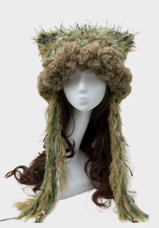 Moss Green and Brown Cat Ears Jellyfish Hat